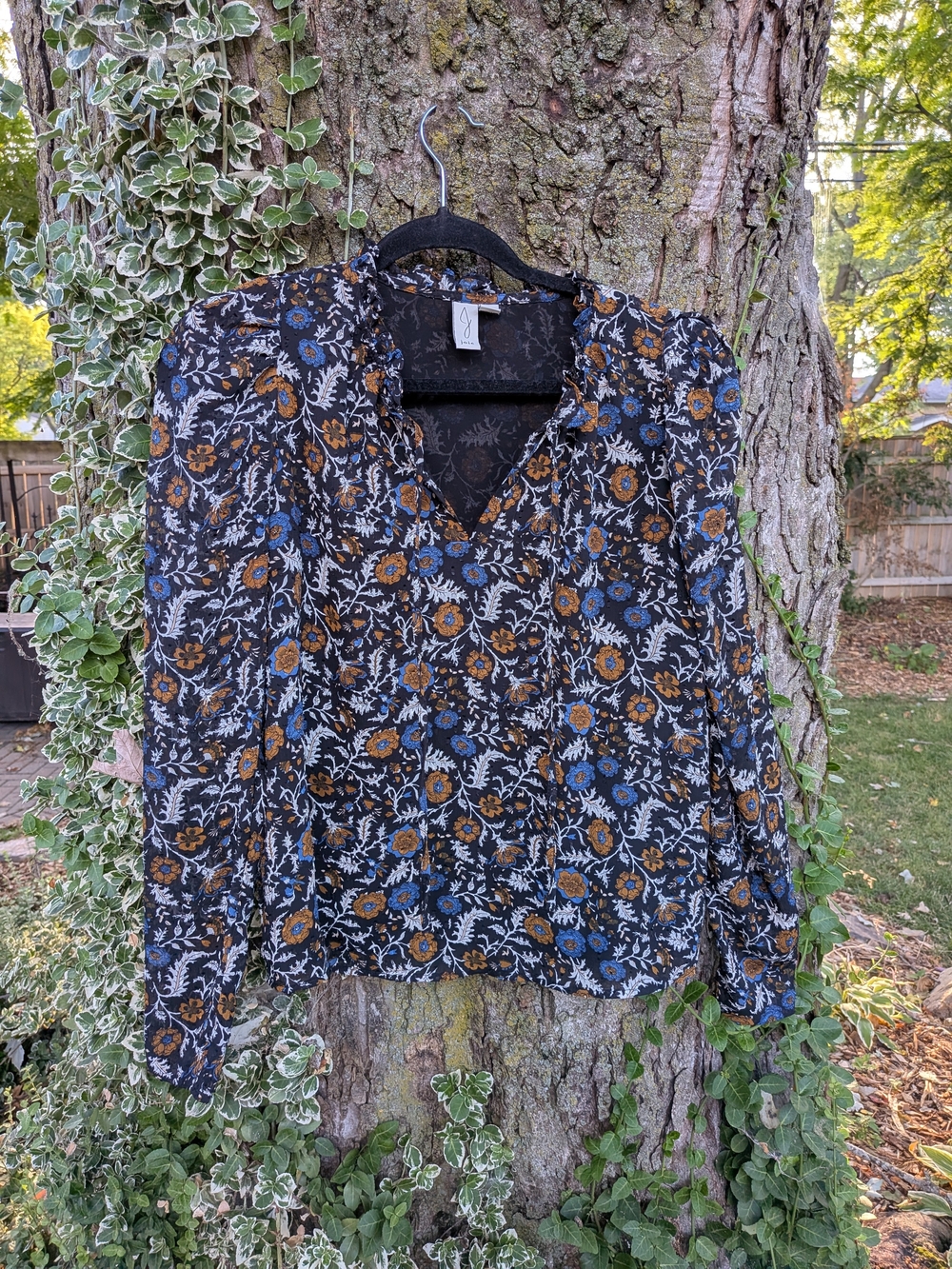 Joie Black Floral V-Neck Blouse with Blue & Brown Flowers